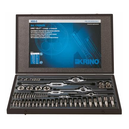 KRINO 17020526 - Jeux de filetage HSS pour garage et industrie avec filetages UNC et UNF dans une boîte en bois (27 pcs.)