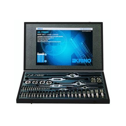 KRINO 17025622 - Jeux de filetage HSS-G pour garage et industrie avec filetage Whitworth à gros pas dans une boîte en bois (62 pcs.)
