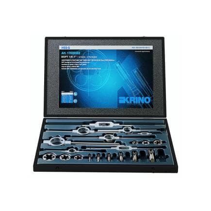 KRINO 17025635 - Jeux de filetage HSS-G pour l'industrie avec filetage de gaz conique pour tuyaux dans une boîte en bois (6 pcs.)