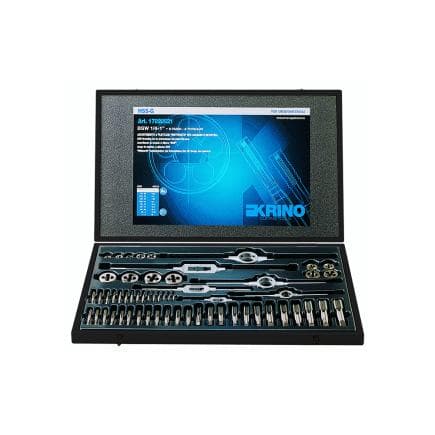 KRINO 17025621 - Jeux de filetage HSS-G pour garage et industrie avec filetage Whitworth à gros pas dans une boîte en bois (27 pcs.)