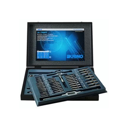 KRINO 17025511 - Jeux de filetage HSS pour l'industrie avec filetages métriques à pas grossier et fin dans une boîte en bois (105 pcs.)