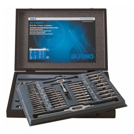 KRINO 17025512 - Jeux de filetage HSS pour l'industrie avec filetages métriques à pas grossier et fin dans une boîte en bois (93 pcs.)