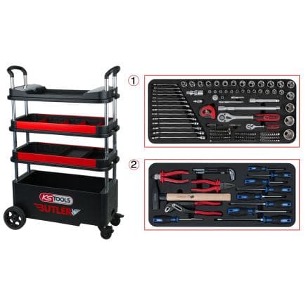 KS TOOLS 895.2176 - BUTLER Charriot d'atelier / de montage rabattable, abaissable avec fermeture à clé et 175 outils d'excellente qualité