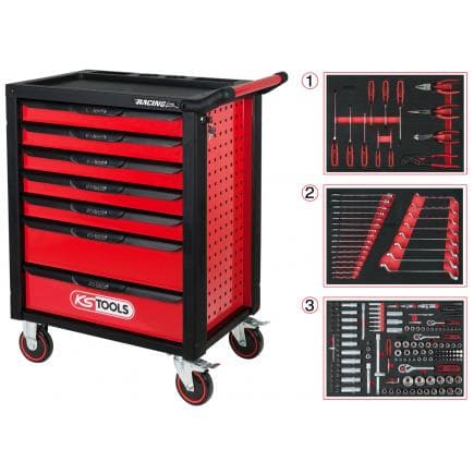 KS TOOLS 826.7215 - RACING line Servante d'atelier NOIR/ROUGE avec 7 tiroirs et 215 outils d'excellente qualité