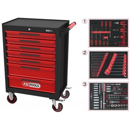 KS TOOLS 897.7215 - ECO line Servante d'atelier NOIR/ROUGE avec 7 tiroirs et 215 outils d'excellente qualité