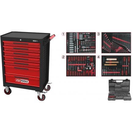 KS TOOLS 897.7515 - ECO line Servante d'atelier NOIR/ROUGE avec 7 tiroirs et 515 outils d'excellente qualité