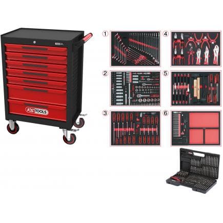 KS TOOLS 897.7598 - ECO line Servante d'atelier NOIR/ROUGE avec 7 tiroirs et 598 outils d'excellente qualité