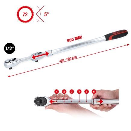 KS TOOLS 914.1205 - Cliquet réversible télescopique 1/2", extra long 72 dents