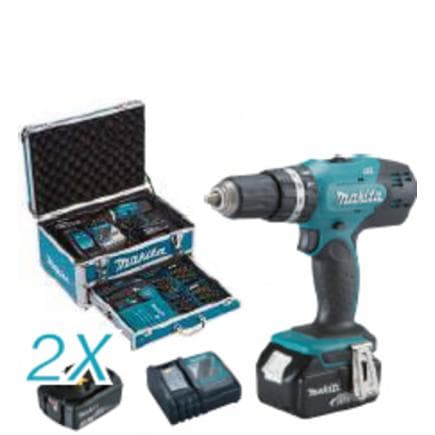 MAKITA DHP453RFX2 - PERCEUSE VISSEUSE A PERCUSSION 18V 13 mm - 42 Nm - avec 2 batteries 3.0Ah et chargeur de batterie et 96 accessoires