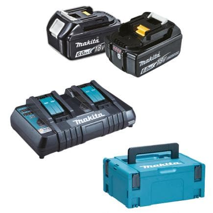 MAKITA 198077-8 - Lot de 2 batteries 18V 6.0Ah et double chargeur de batterie rapide - en coffret