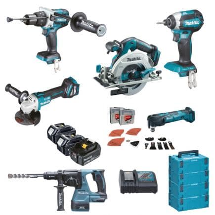 MAKITA DLX6085TJ - Set of drill, screwdriver, hammer, angle grinder, jigsaw, multifunction tool, 3 x 5.0Ah batteries and charger - in 4 cases