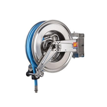 MECLUBE 071-2413-420 - Enrouleur de tuyau automatique pivotant en acier inoxydable aisi 304 gauche-550 pour usage alimentaire 120°c ø1/2" 20m