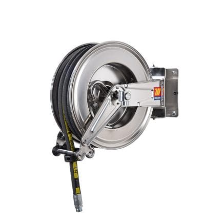 MECLUBE 071-2518-520 - Enrouleur de tuyau automatique pivotant en acier inoxydable aisi 304 gauche-555 pour essence ø3/4" -19x27 20m