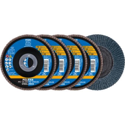 PFERD TOOLS 69198300 - Jeu de disques à lamelles POLIFAN PFC 125 conique Z40/60/80/120 PSF STEELOX pour acier/acier inoxydable