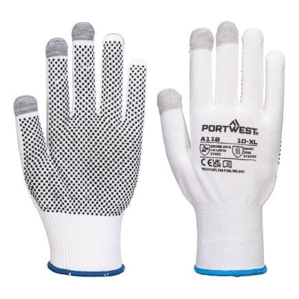 PORTWEST A118W7RL - Grip 13 Gant PVC avec picots pour écran tactile, Blanc/Gris (12 pcs.)