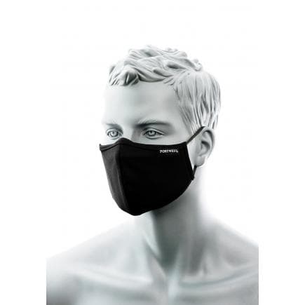 PORTWEST CV34BKR - Masque en tissu antimicrobien noir à 2 couches avec pont nasal (25 pcs.)