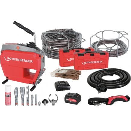 ROTHENBERGER 1000003346 - Nettoyage de canalisations R600 VarioClean avec batterie 18V 8 Ah, chargeur, jeu d'outils et spirales 16 + 22 mm