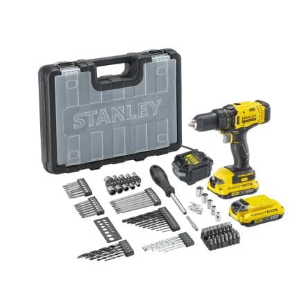 STANLEY SFMCD700D2A-QW - Jeu de perceuse à percussion sans fil avec 2 batteries, chargeur, coffret et 100 embouts et accessoires