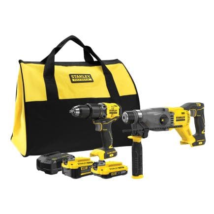 STANLEY SFMCK216MDS-QW - Jeu de marteau perforateur Sds-Plus, une visseuse, un chargeur de batterie et 2 batteries