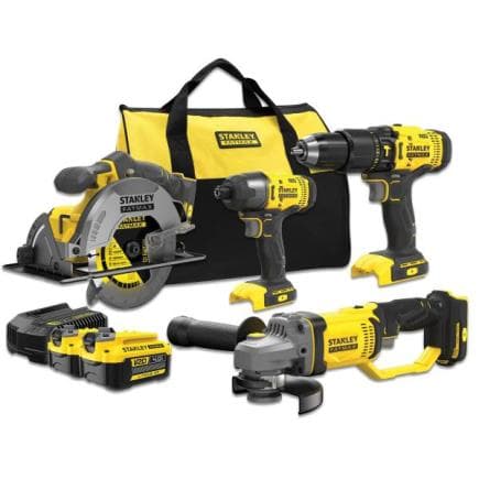 STANLEY SFMCK469M2-QW - Jeu de perceuse à percussion, une scie circulaire, une meuleuse d'angle, une clé à chocs, un chargeur de batterie et 2...