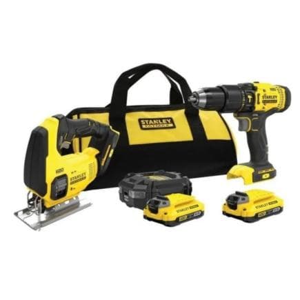 STANLEY SFMCK212D2S-QW - Ensemble d’outils électriques 18V V20 avec perceuse-visseuse, scie sauteuse, 2 batteries 2Ah, chargeur et sac