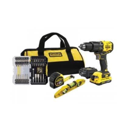 STANLEY SFMCK101D1S-QW - Kit d’outils électriques 18V V20 avec perceuse-visseuse, 1 batterie, chargeur, jeu d’embouts, niveau à bulle, ruban à...