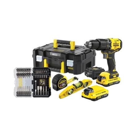 STANLEY SFMCK101D2T-QW - Jeu de perforateurs à percussion 20V, niveau à bulle et embouts (2 batteries 2Ah, chargeur et mallette de transport)