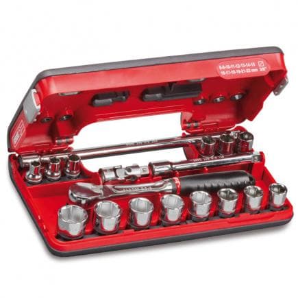 USAG U06090012 - Assortiment de cliquet 3/8'' en coffret bi-matière avec douilles 6 pans (18 pièces)