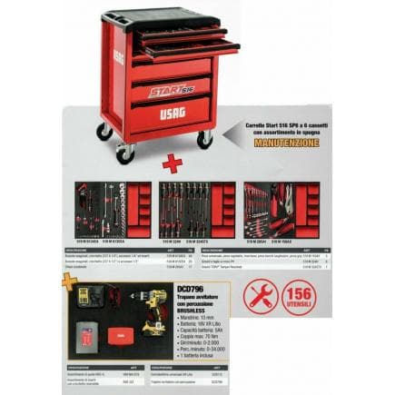 USAG U05160796W - START trolley 6 drawers with 156 tools and impact drill