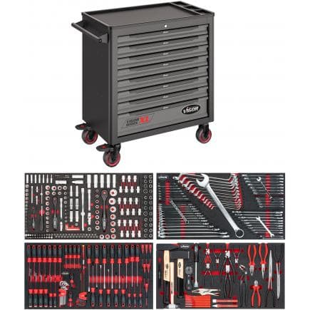 VIGOR V4542 - Chariot à outils Série XL, plan de travail en plastique avec assortiment (375 pcs.)