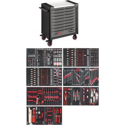 VIGOR V4481-X/499 - Chariot à outils Série XL, plan de travail en acier inoxydable avec assortiment (499 pcs)