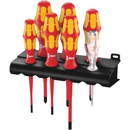 WERA 05006480001 - Jeu de tournevis VDE avec lames à diamètre réduit, testeur de phase unipolaire et rack (7 pcs.)