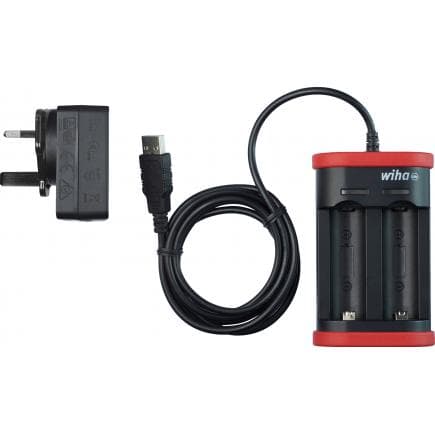 WIHA 42766 - Chargeur de batterie de type lithium-ion 18500 avec connecteur USB et prise UK