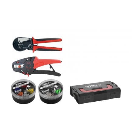 WIHA 43986 - Stripping and crimping tool set with wire end sleeves (500 units) colour code 2 (DE) in L-Boxx Mini (5-pcs.)
