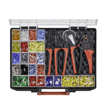 WIHA 43983 - Stripping and crimping tool set with connection elements (2,600 units) colour code 2 (DE) in box assorted (4-pcs.)