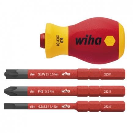 WIHA 41230 - Tournevis avec jeu de porte-embout Stubby électrique slimVario® 1000V avec slimBits (4 pcs.)